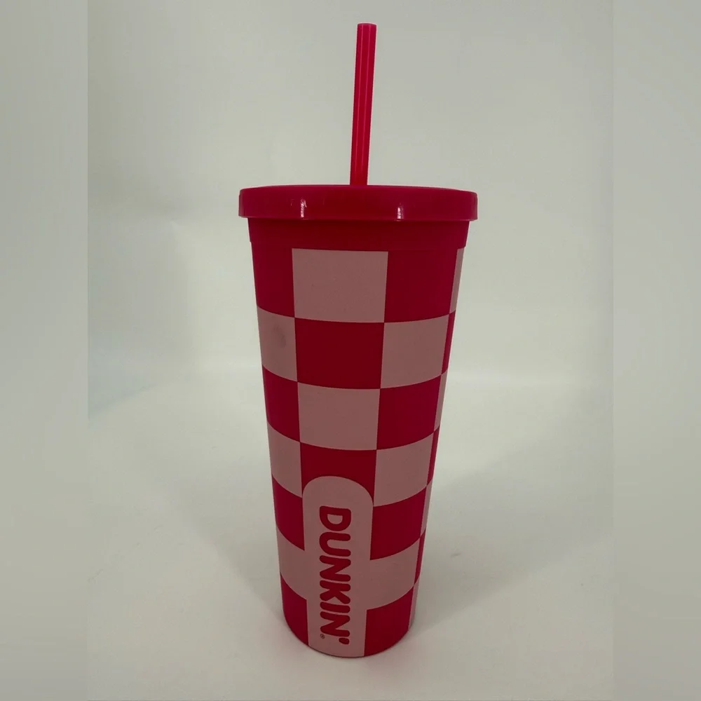 Dunkin Vibrant Pink Checkered Tumbler with Straw